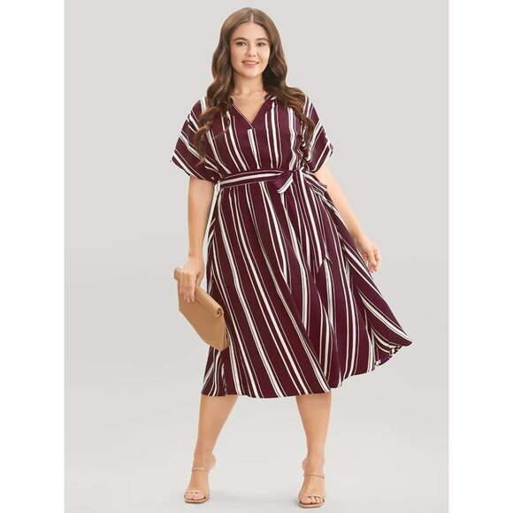Bloomchic Contrast V Neck Dolman Sleeve Pocket Belted Midi Dress Burgundy 22-24 - Picture 1 of 6